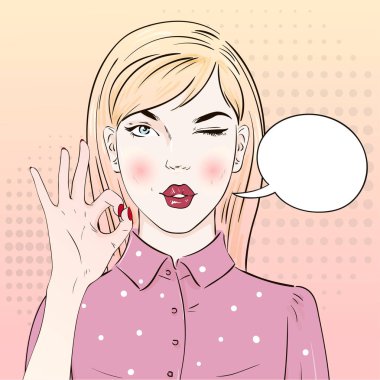 Pop Art Vintage reklam afişi komik kız bluz elinde iyi gösterir. Komik kadın konuşma balonu ile. Vektör çizim