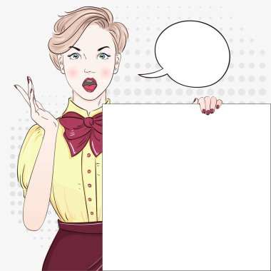 Pop Art Vintage bluz reklam afişi komik kız beyaz bir afiş tutar. Komik kadın vektör çizim.