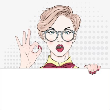 Pop Art Vintage bluz reklam afişi komik kız beyaz bir afiş tutar ve el iyi gösterir. Komik kadın konuşma balonu ile. Vektör çizim