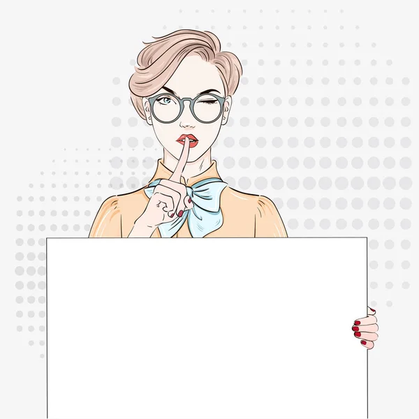 Поп Арт Винтаж реклама плакат комикс девушка молчать и держать белый баннер. Комическая женщина с речевым пузырем. Векторная иллюстрация . — стоковый вектор