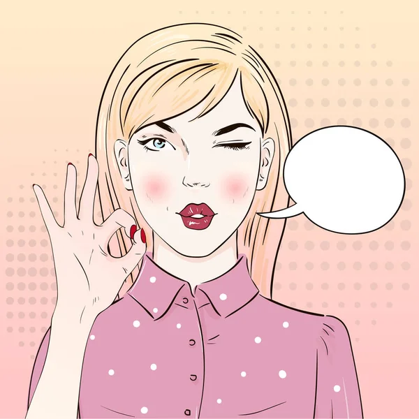 Поп Арт Винтаж реклама плакат комикс девушка в блузке руку показывает хорошо. Комическая женщина с речевым пузырем. Векторная иллюстрация — стоковый вектор