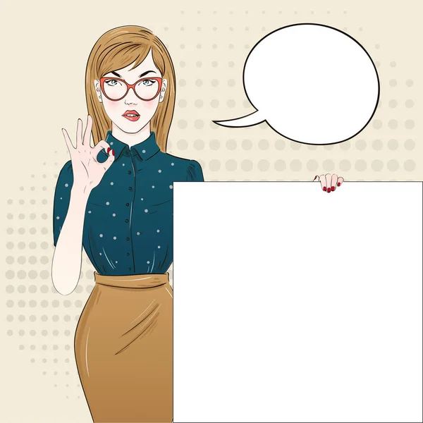 पॉप आर्ट व्हिंटेज जाहिरात पोस्टर ब्लाउज मध्ये कॉमिक गर्ल पांढरा बॅनर आणि हात दाखवते ठीक आहे. भाषण बबल असलेली कॉमिक महिला. व्हेक्टर स्पष्टीकरण — स्टॉक व्हेक्टर