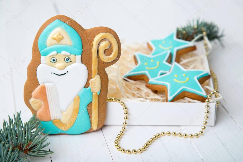 Cookie St. Nicholas. Christmas trees Cookies. Spiced shortcrust biscuit, traditionally baked before St Nicholas' feast in the Ukraine, Netherlands, Belgium and France and around Christmas in Germany.