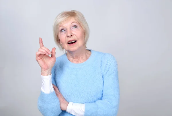 Senior Woman Pointing Finger Her Female Years Age — Stock Photo, Image