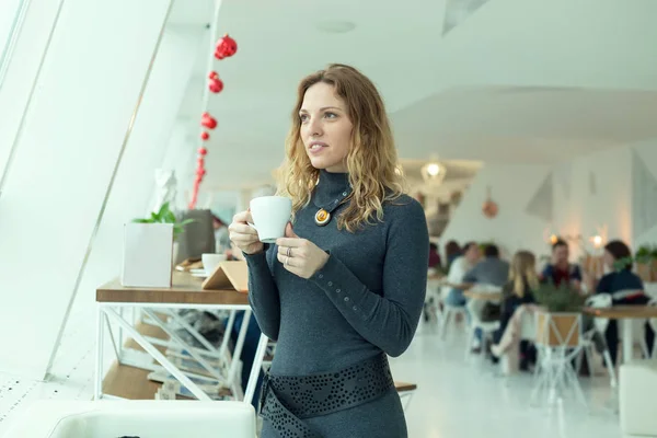 Woman Holds Cup Hot Tea Coffee Her Hands — Stock Photo, Image