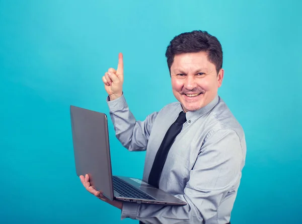 Adult Man Holding Laptop Computer Man Showing His Finger — Stock Photo, Image