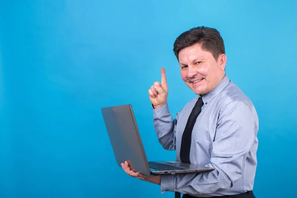 Business Man Holding Laptop His Hands Showing His Finger — Stock Photo, Image