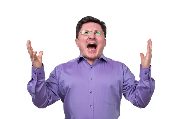 Middle Aged Man Glasses Raised His Hands Upwards Delight — Stock Photo, Image