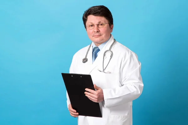 Portrait Male Doctor Blue Background Middle Aged Man — Stock Photo, Image