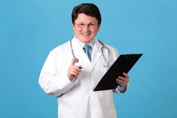 Middle Aged Man Doctor Blue Background — Stock Photo, Image