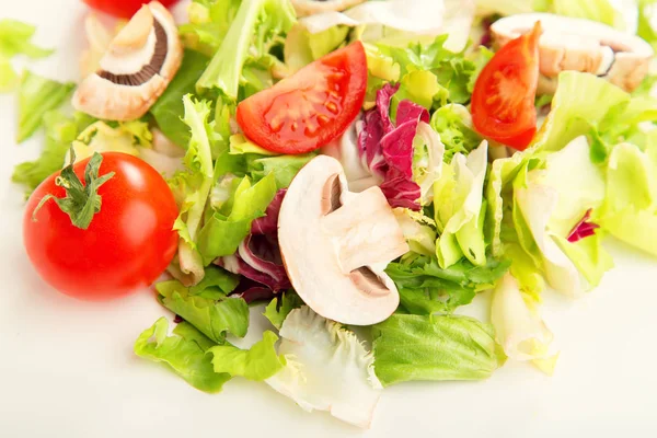 Salada Folhas Verdes Frescas Tomates Champignon Cogumelos Contexto Leve Menu — Fotografia de Stock