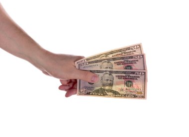 Bir el Close-up üç 50 dolar faturaları birlikte, yüz elli dolar tutar..