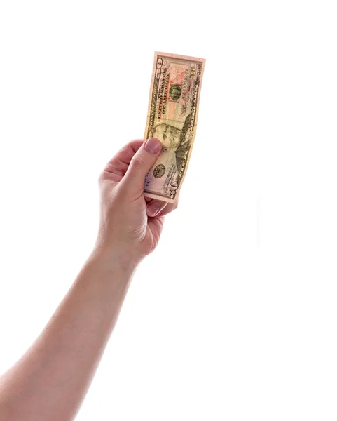 Mano Uomo Tiene Una Banconota Cinquanta Dollari Sfondo Bianco — Foto Stock