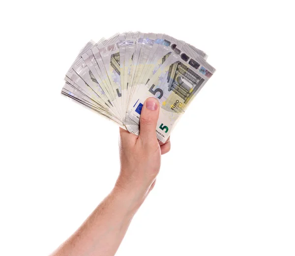 Moeda Euros Mão Homem Tem Muitas Notas Cinco Euros Por — Fotografia de Stock