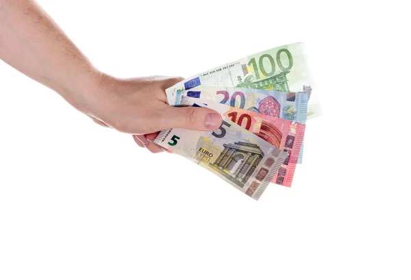 Eurogeld Der Hand Auf Weißem Hintergrund Die Hand Eines Mannes — Stockfoto