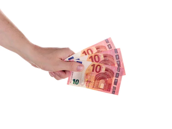 Euro Geld Der Hand Hält Ein Mann Drei Zehn Euro — Stockfoto
