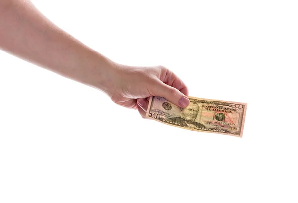 Bir Adamın Elini Bir Banknot Dolar Dolar Beyaz Bir Arka — Stok fotoğraf