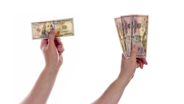 Mãos Segurando Notas Dólar Eua Fundo Branco Cento Cinquenta Dólares — Fotografia de Stock
