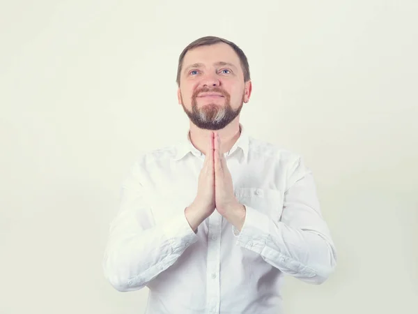 Pray Adult Happy Man Beard Prayer Holds His Hands Front — Stock Photo, Image