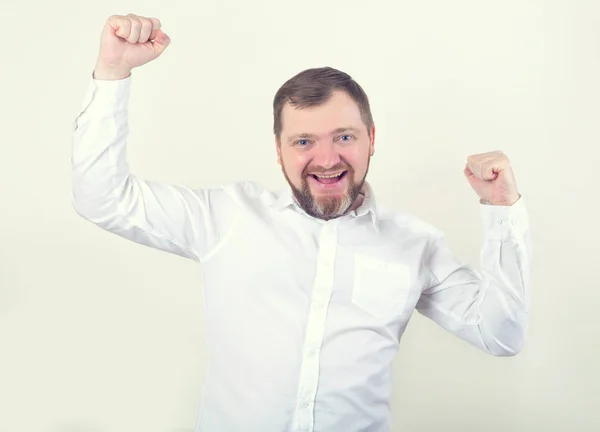 Luck Adult Business Man Years Old Winner Pose Raised His — Stock Photo, Image