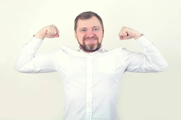 Strong Adult Business Man Years Pose Winner Shows Muscles Champion — Stock Photo, Image