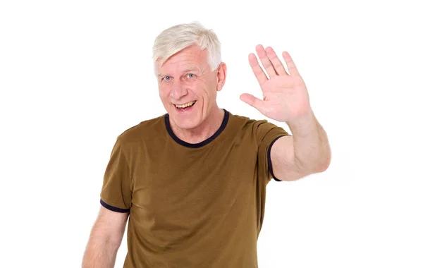 Hallo Een Gelukkig Midden Leeftijd Man Vertoont Zijn Hand Een — Stockfoto