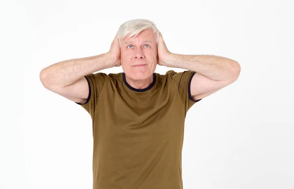 Listen Hear Adult Gray Haired Man Covered His Ears His — Stock Photo, Image