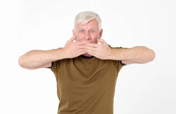 Silent Talk Hush Silence Adult Gray Haired Man Covered His — Stock Photo, Image