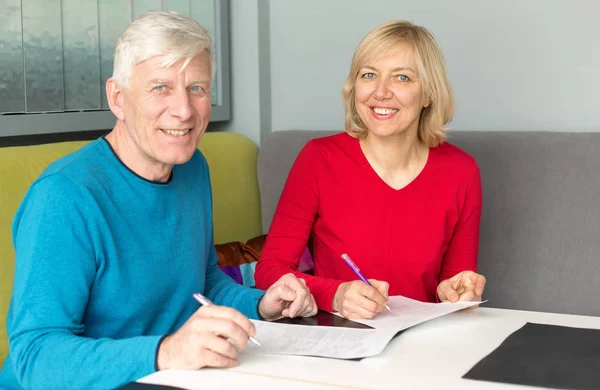 Adult Couple Make Out Papers Sitting Table Sign Pension Insurance — Stock Photo, Image