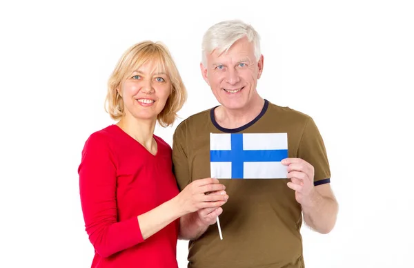 Pareja Adulta Hombre Mujer Mediana Edad Con Bandera Finlandia Sobre —  Fotos de Stock