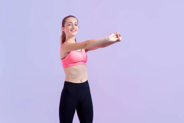 Jonge Atletische Vrouw Doet Een Warm Staan Een Roze Paarse — Stockfoto
