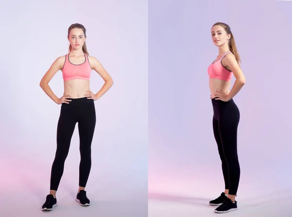 Jonge Vrouw Volle Groei Fitness Kleding Een Roze Paarse Achtergrond — Stockfoto