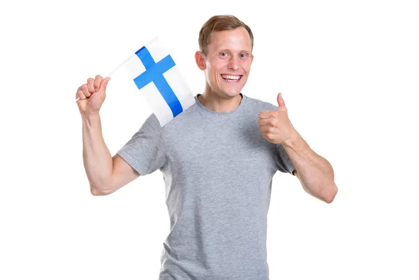 Mladý Veselý Muž Vlajkou Finska Ukazující Palec Nahoru Izolované Bílém — Stock fotografie