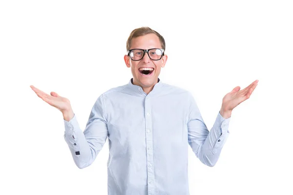 Wow Unbelievable Surprised Happy Male Believe His Success Keeps Hands — Stock Photo, Image