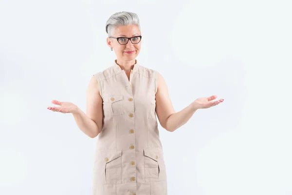 Mature Woman Glasses Raised Her Hands Surprise — Stock Photo, Image