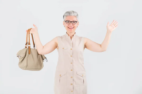 Happy Mature Woman Glasses Shopping Bag Raised Her Hands Delight — Stock Photo, Image