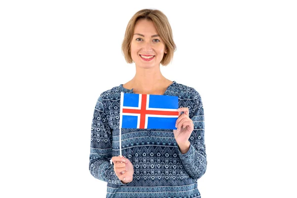 Mujer Joven Con Bandera Islandia Sobre Fondo Claro —  Fotos de Stock