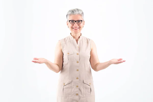 Mature Woman Glasses Spread Her Arms Different Directions Standing Light — Stock Photo, Image