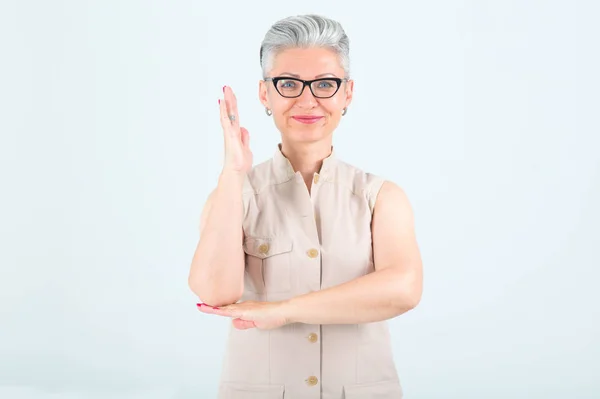 Middle Aged Woman Glasses Raised Her Hand Agreement Voting Standing — Stock Photo, Image