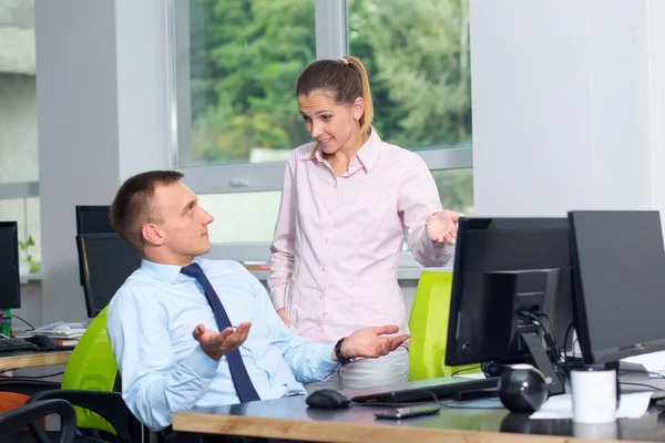 Female Manager Checks Work Subordinate Man She Unhappy Blame Boss — Stock Photo, Image