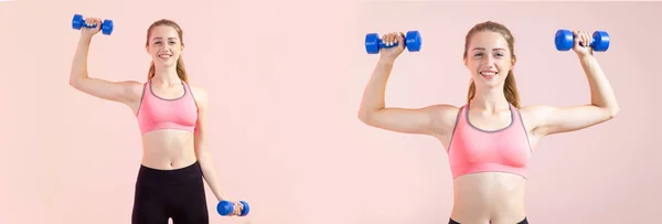 Krásná Mladá Žena Činkami Rukou Dělá Fitness Studio Fotoset Růžovém — Stock fotografie