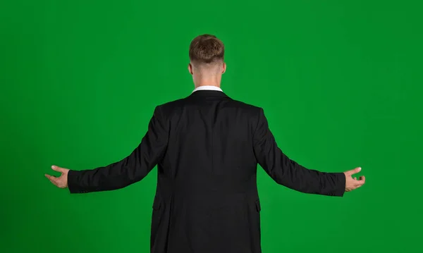 Business Man Jacket View Back Green Background — Stock Photo, Image
