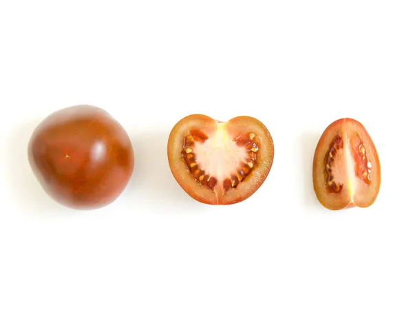 Donkere Rode Tomaten Kumato Variëteit Geheel Half Vierde — Stockfoto