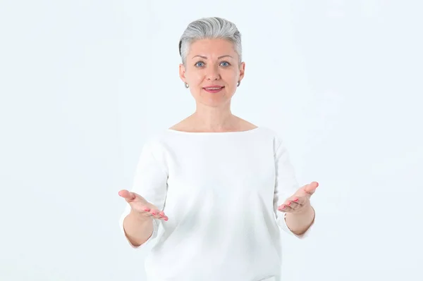 Adult Woman Mother Holds Her Hands Chest Level Symbol Love — Stock Photo, Image