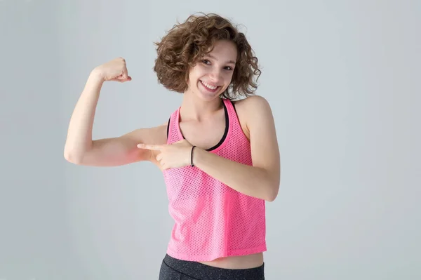 Portrait Happy Young Woman Pink Clothes Fitness Classes Standing Light — Stockfoto