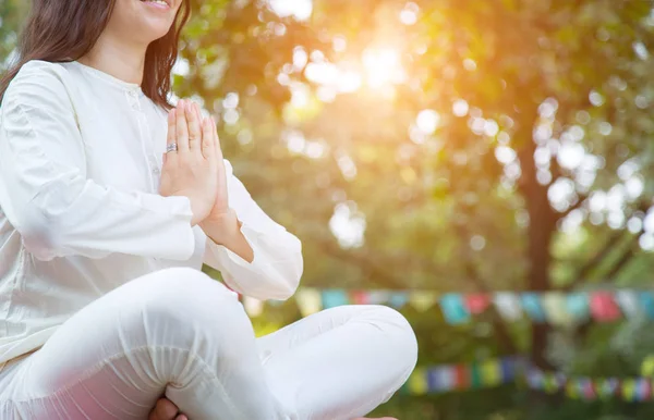 Close Female Hands Folded Together Doing Yoga Meditation Outdoors Woman — 스톡 사진