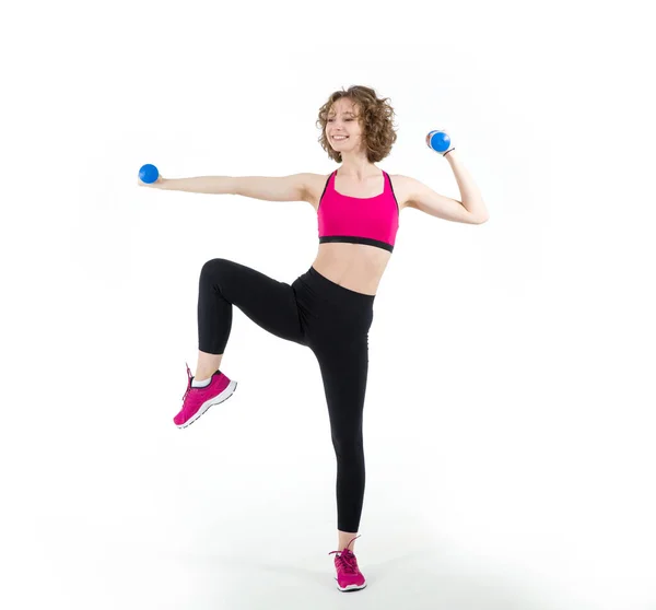Fitness Exercise Dumbbells Young Woman Goes Sports White Background — 스톡 사진