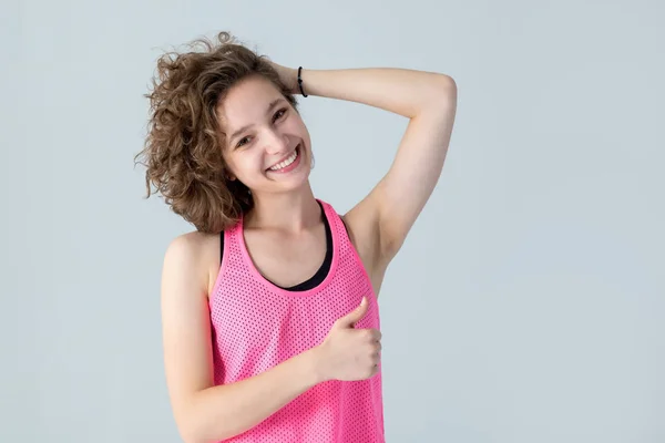 Fitness Female Gesture Thumb Portrait Beautiful Young Woman Curly Hair — ストック写真