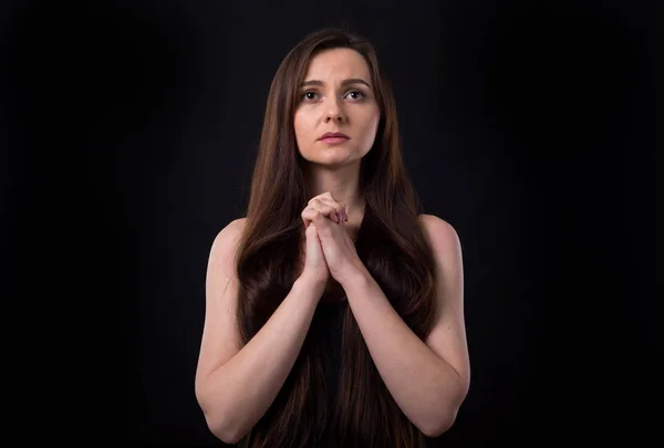 Jovem Mulher Apertou Mãos Juntas Oração Deus — Fotografia de Stock