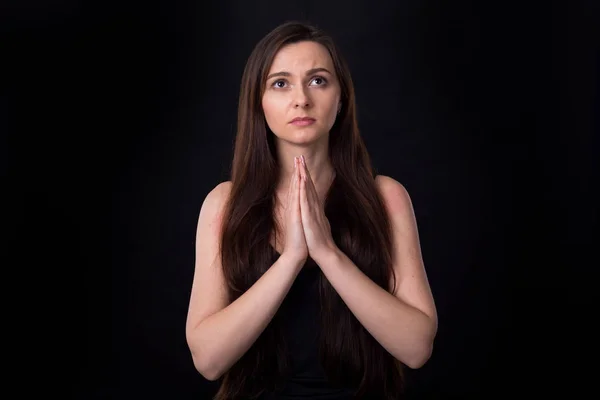 Jeune Femme Serra Les Mains Ensemble Dans Prière Dieu — Photo